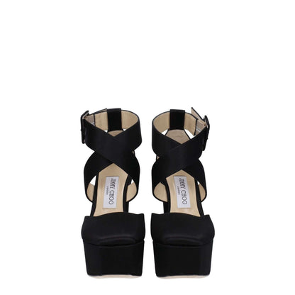 Jimmy Choo Black Satin Platform Sandals with buckle closure and high heel, featuring a leather sole and square toe design.