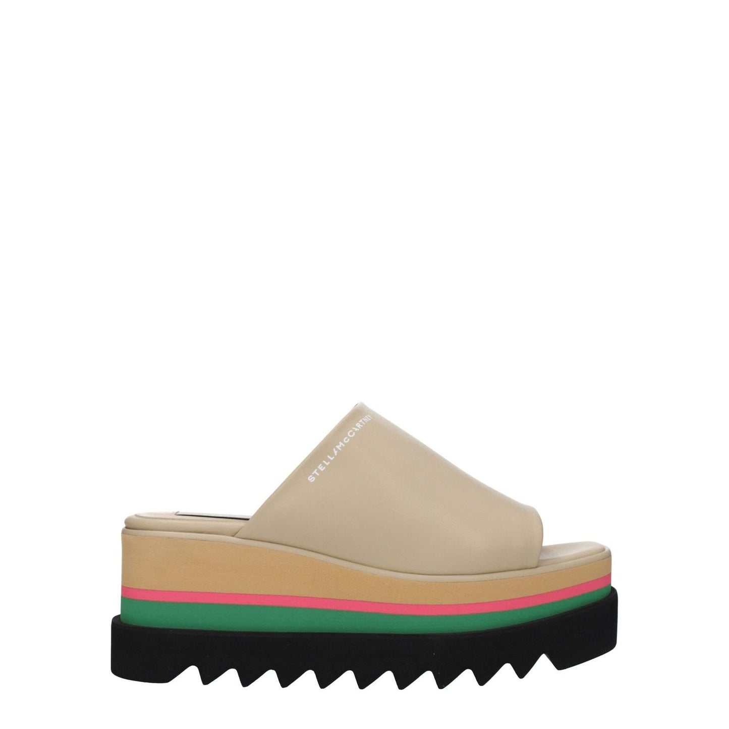 Stella McCartney Beige Leather Slippers with open toe wedge design and side logo, made of eco leather with rubber sole, casual style.