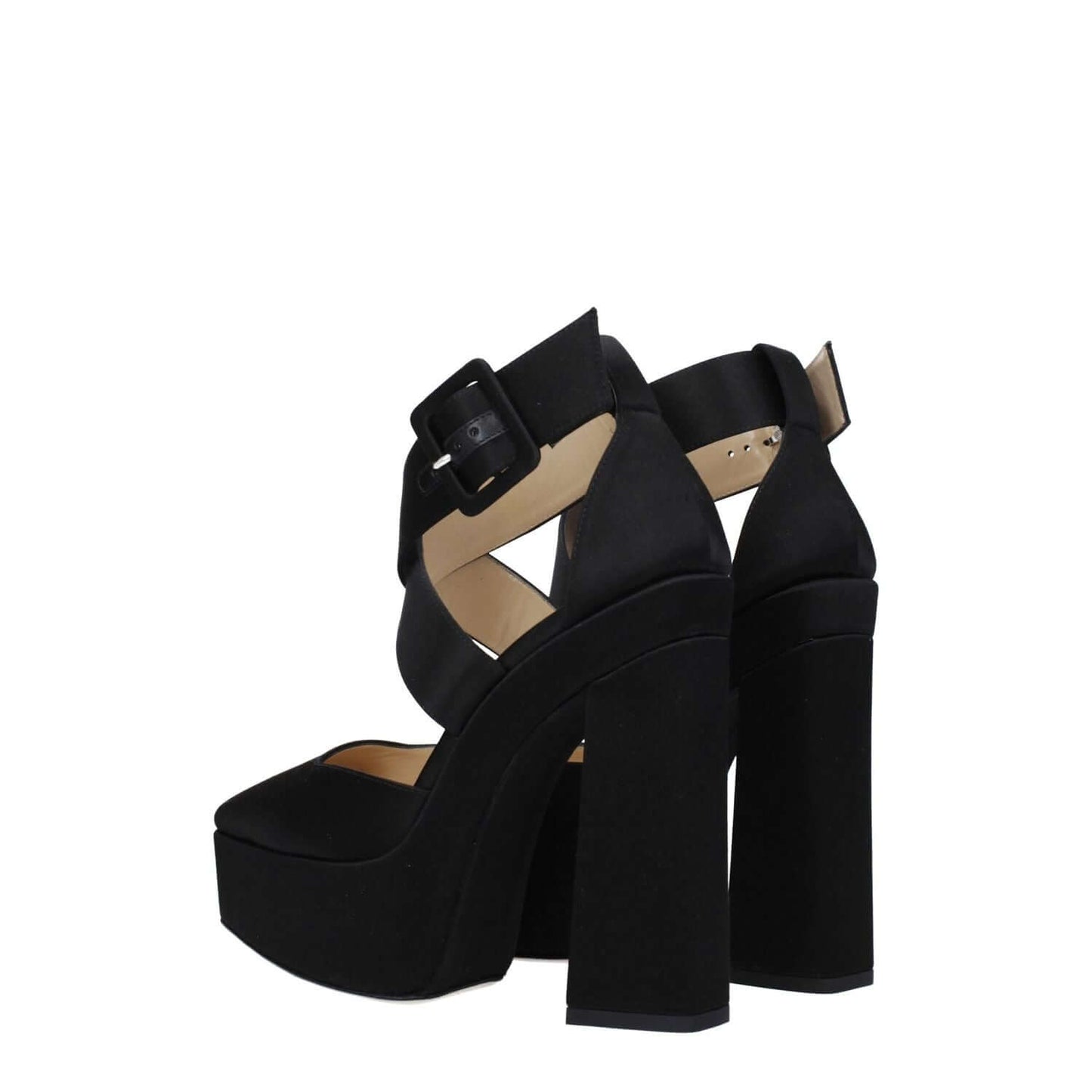 Jimmy Choo Black Satin Platform Sandals featuring buckle closure and high heel with square toe, style code F79346.