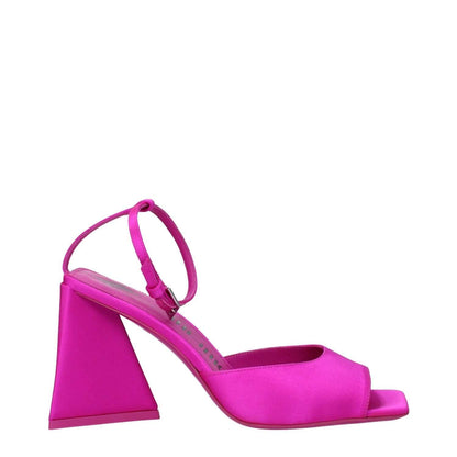 The Attico Pink Satin Stiletto Heel Sandals with open toe and buckle closure, featuring an 8.5 cm mid heel, stylish fuchsia design.