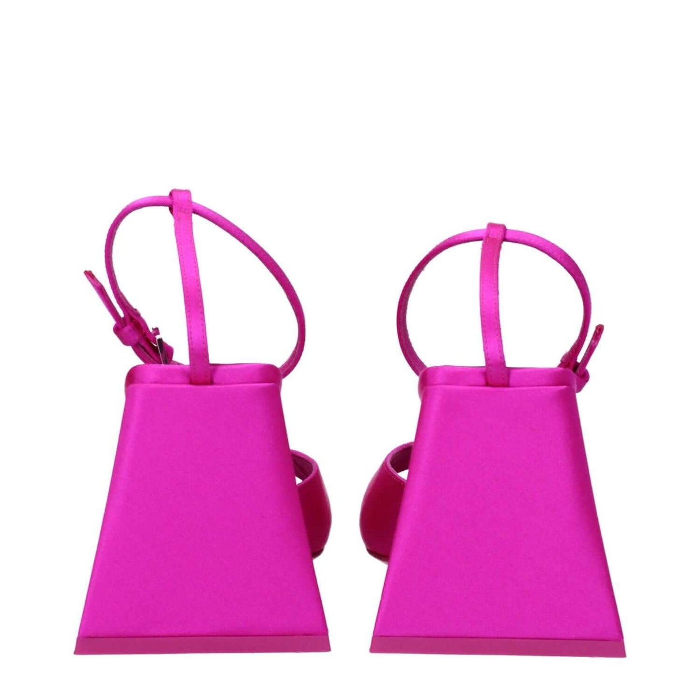 The Attico Pink Satin Stiletto Heel Sandals with buckle closure and leather sole, rear view showing mid heels and open toe design.