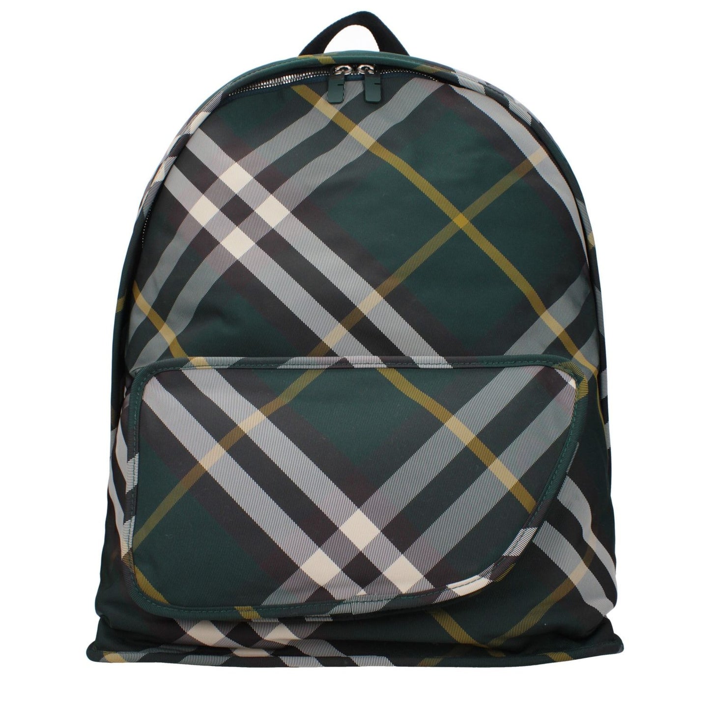 Alt Tag: Burberry Green Fabric Backpack with adjustable straps, large size, and zip closure, featuring a plaid print on the green fabric.
