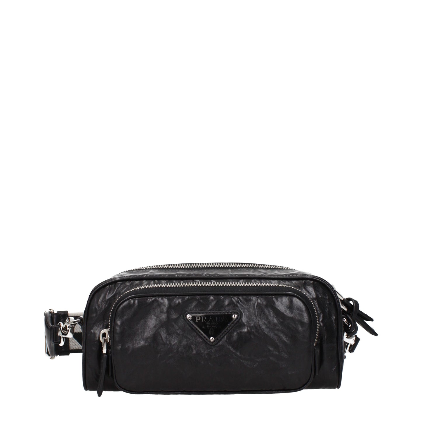 Prada Black Leather Crossbody Bag with front logo, adjustable shoulder strap, and zip closure. Small size with internal and external pockets.