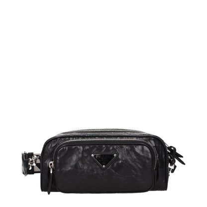 Prada Black Leather Crossbody Bag with front logo, adjustable shoulder strap, and zip closure. Small size with internal and external pockets.