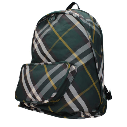 Burberry Green Fabric Backpack with adjustable straps, plaid print, large size, zip closure, and multiple pockets.