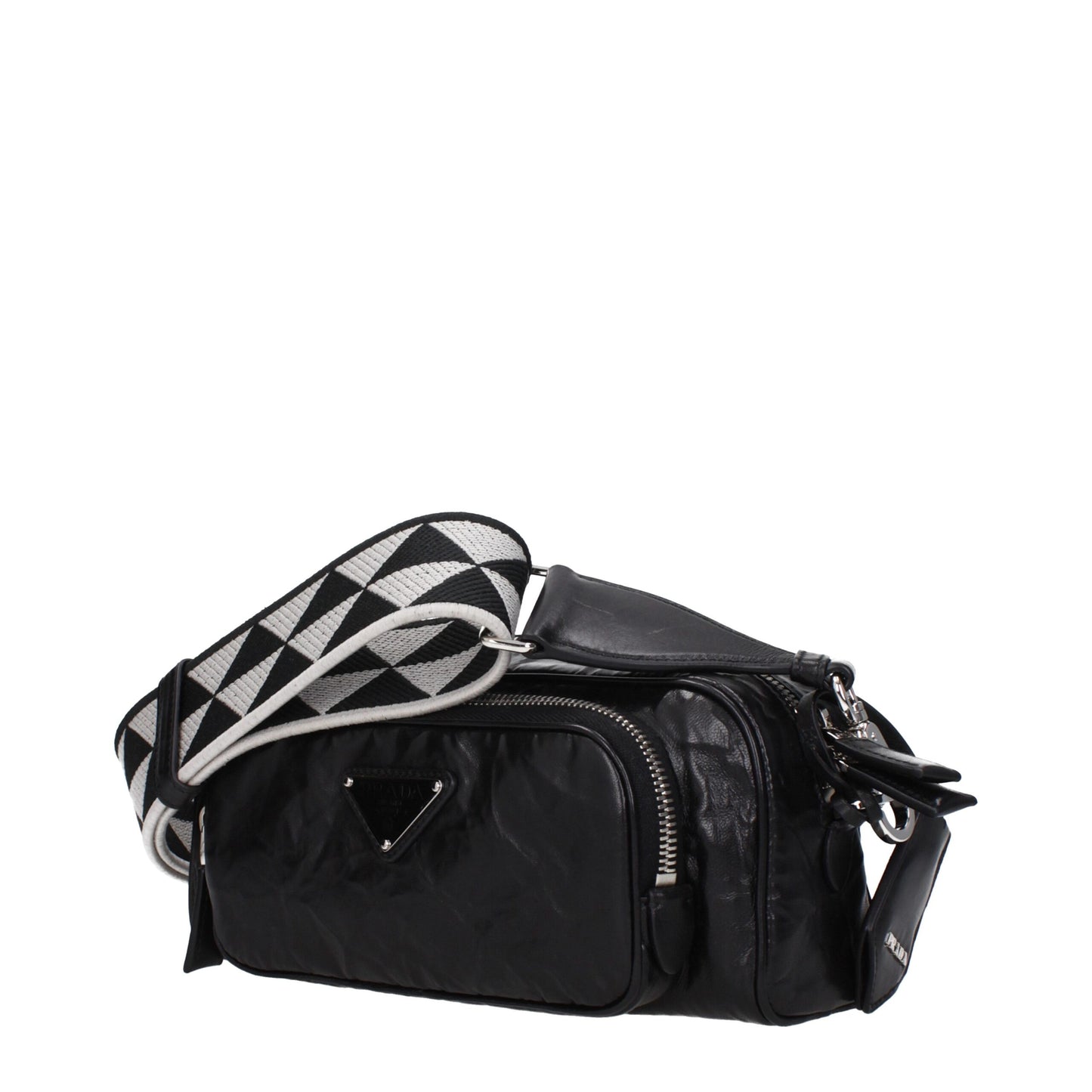 Prada Black Leather Crossbody Bag with adjustable strap, silver details, and zip closure, featuring front logo and external pocket.