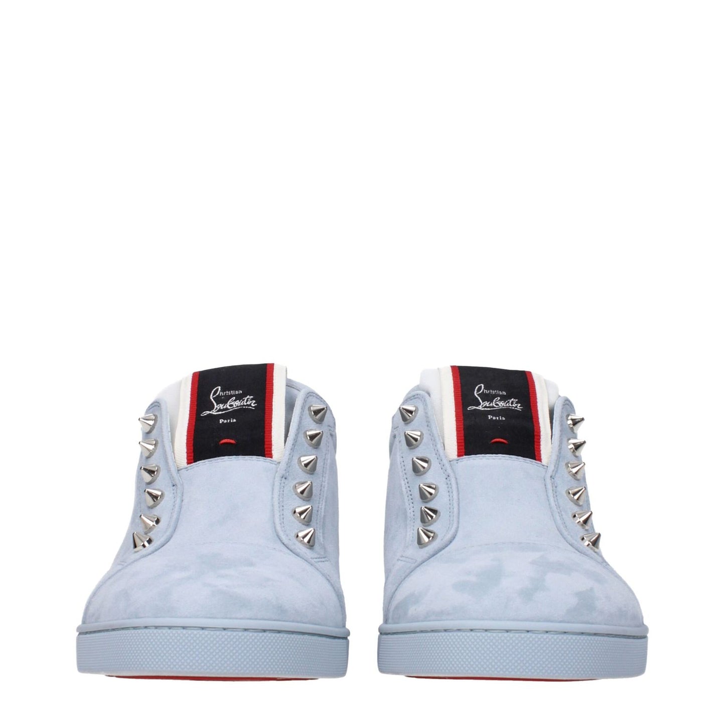 Christian Louboutin Blue Leather Slip-On Loafers, featuring front logo and studs, round toe, low heel, rubber sole.