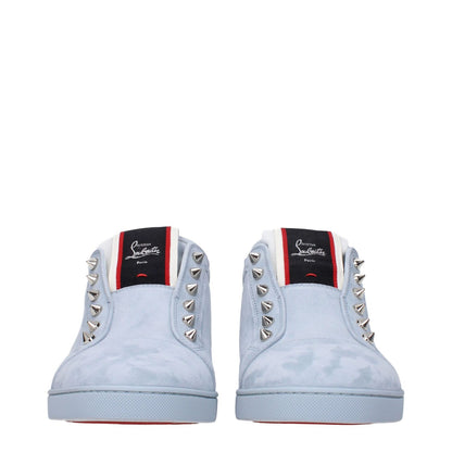 Christian Louboutin Blue Leather Slip-On Loafers, featuring front logo and studs, round toe, low heel, rubber sole.