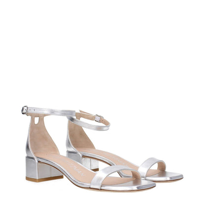 Stuart Weitzman Gray Leather Flat Sandals with buckle closure and mid heels, open toe design, 3.5 cm heel height, leather sole.