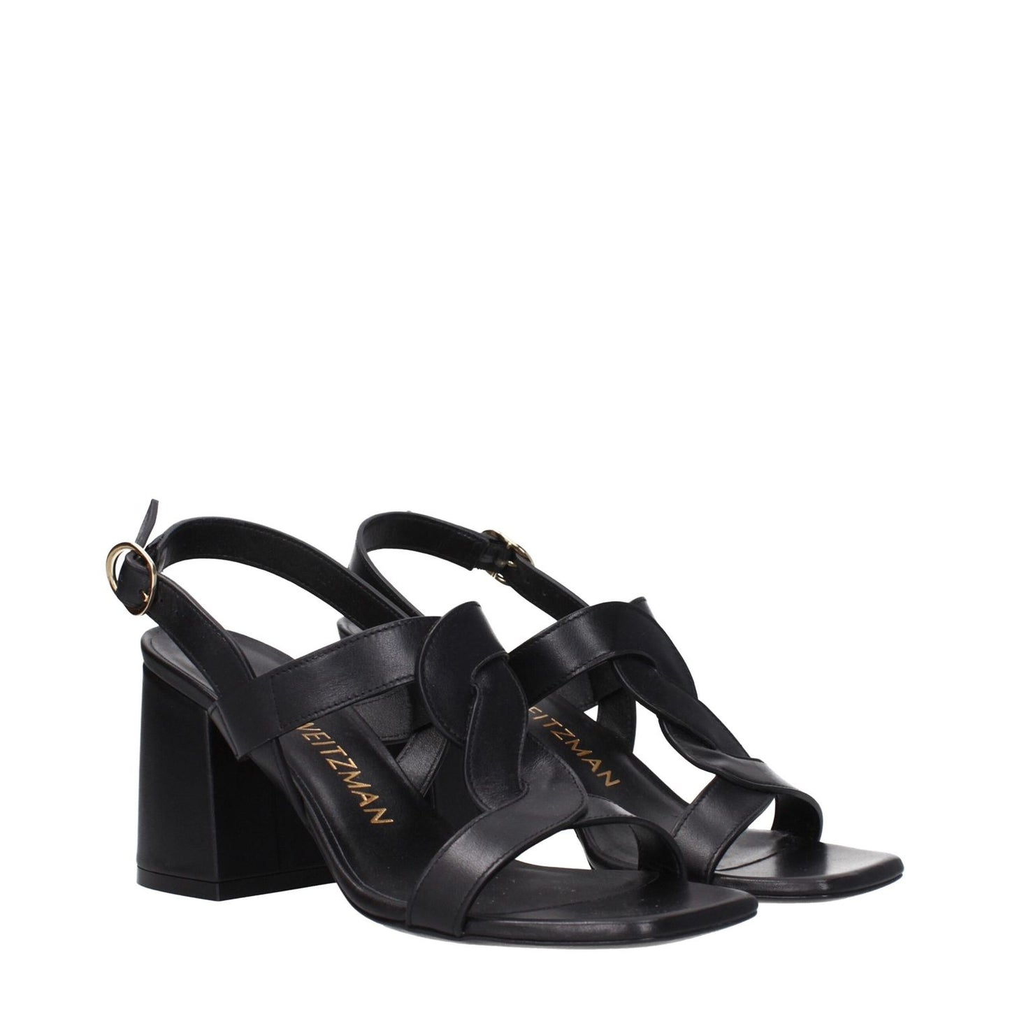 Stuart Weitzman Black Leather Platform Sandals with buckle closure and open toe, mid heels, stylish and comfortable footwear.