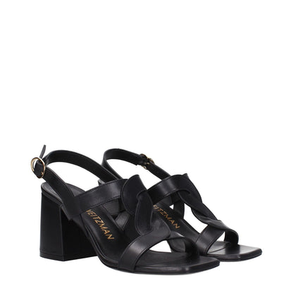 Stuart Weitzman Black Leather Platform Sandals with buckle closure and open toe, mid heels, stylish and comfortable footwear.