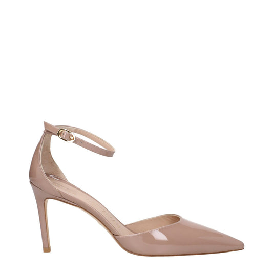 Alt Tag: Stuart Weitzman Pink Leather Stiletto Heel Sandals with buckle closure and leather sole, 8.5 cm mid heels, pointy toe.