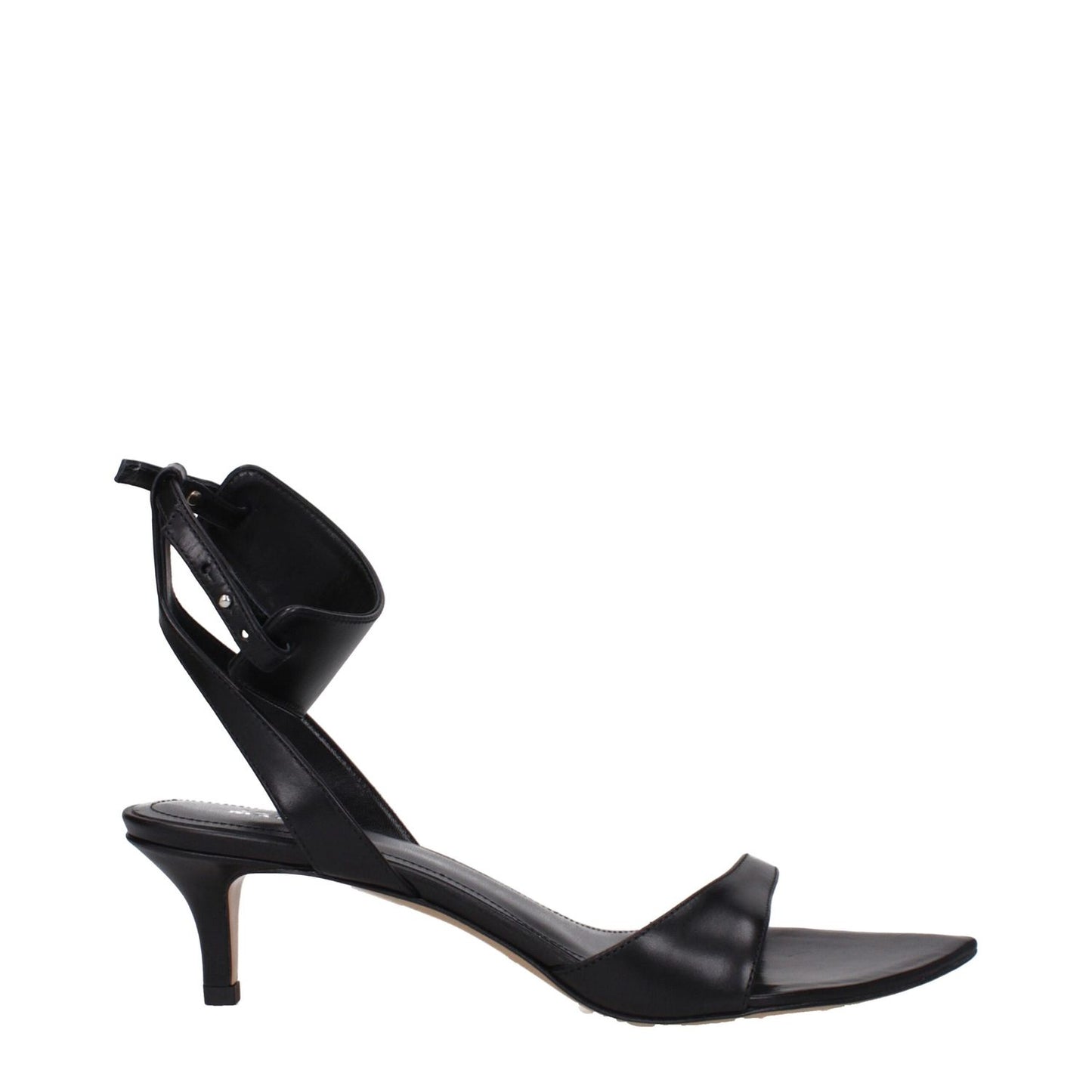 Isabel Marant Black Leather Flat Sandals with buckle closure, open toe, and mid heels. Stylish and elegant women's footwear.
