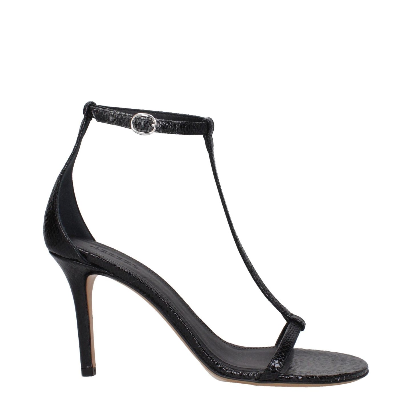 Isabel Marant Black Leather Stiletto Heel Sandals with buckle closure and python print, featuring high heel and open toe design.