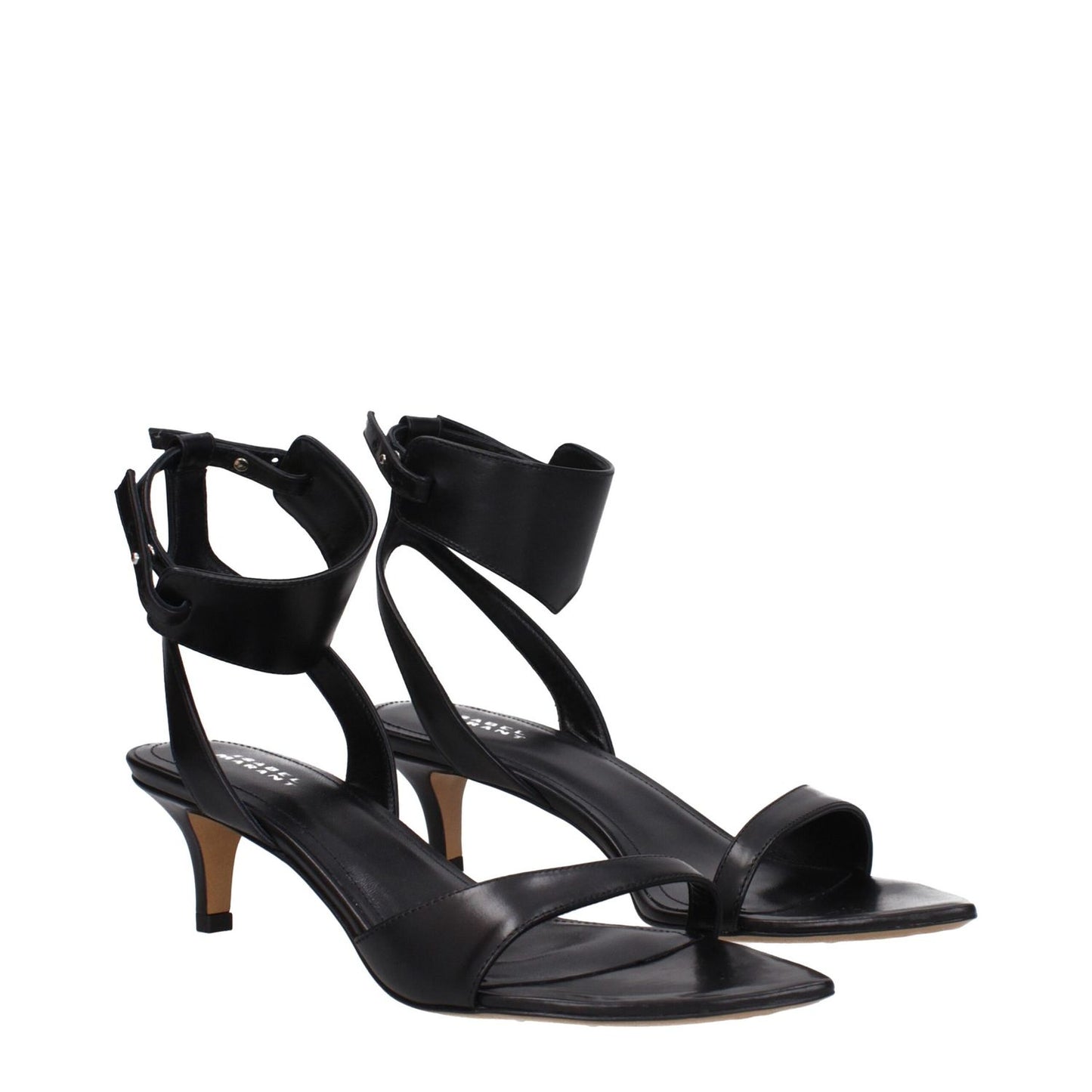 Isabel Marant Black Leather Flat Sandals with open toe and buckle closure, featuring a mid heel height of 6 cm.