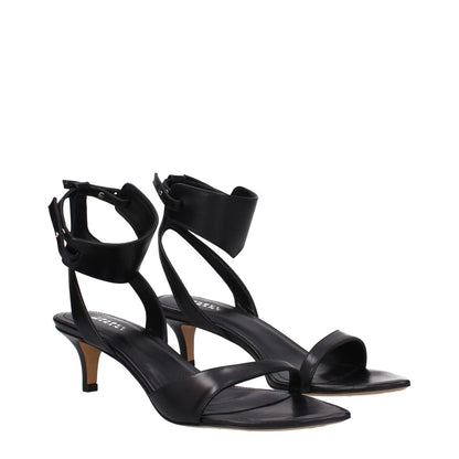 Isabel Marant Black Leather Flat Sandals with open toe and buckle closure, featuring a mid heel height of 6 cm.