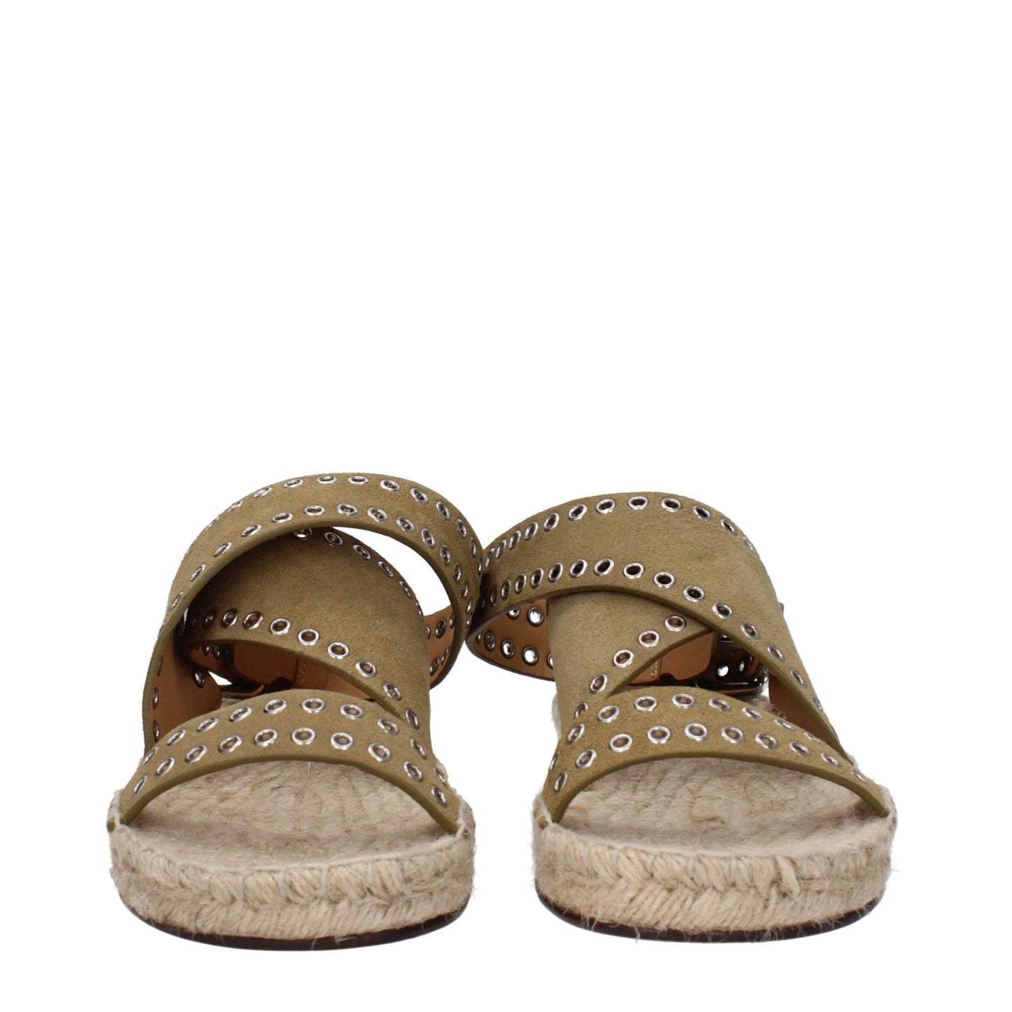 Isabel Marant Green Leather Flat Sandals with studs, open toe, and buckle closure. Stylish low heel design. MPN EP0003FAB1C02S50TA.