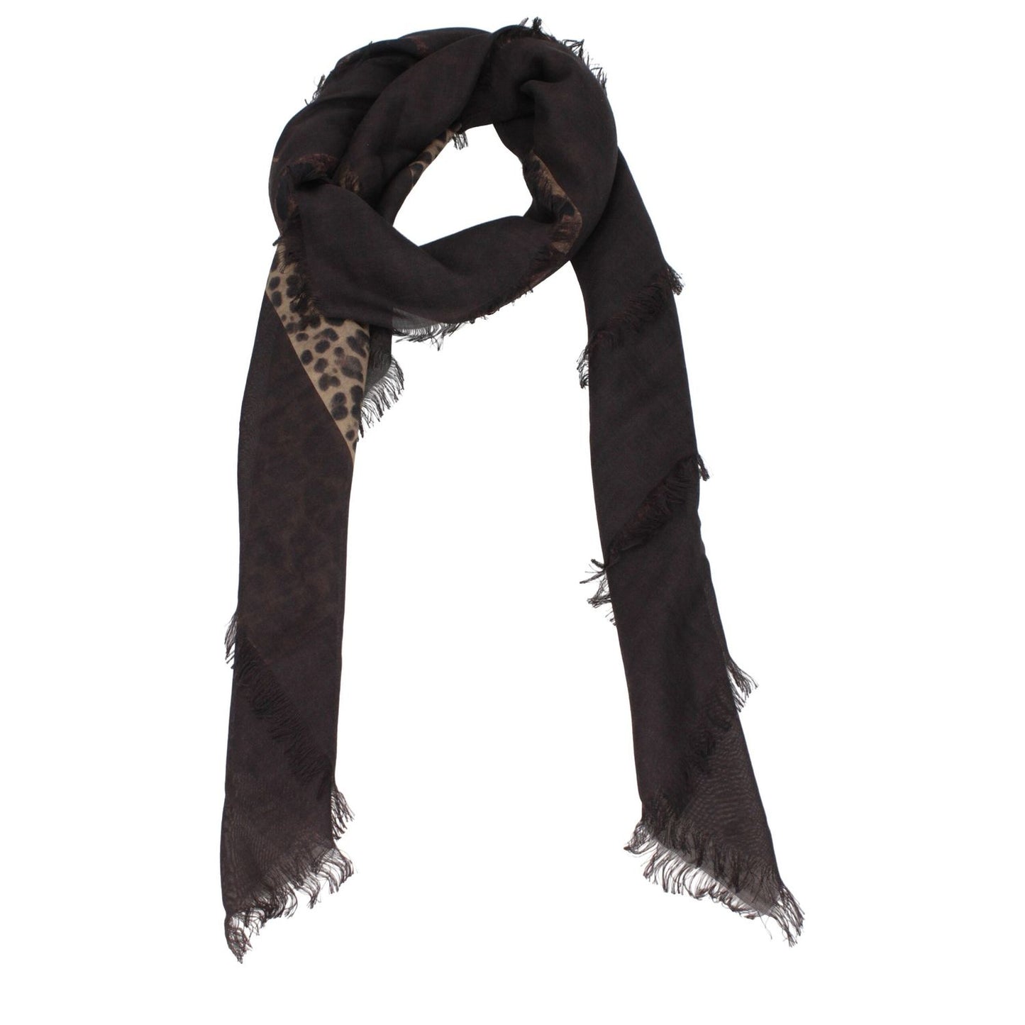 Valentino Garavani Brown Cashmere Foulard with leopard print, fringes, and front logo, size 140x140 cm, made of 70% cashmere and 30% silk.