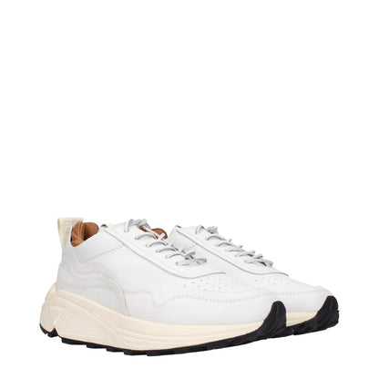Buttero White Leather Chunky Sneakers with vintage and aged effects, featuring front and back logos, round toe, and lace-up closure.
