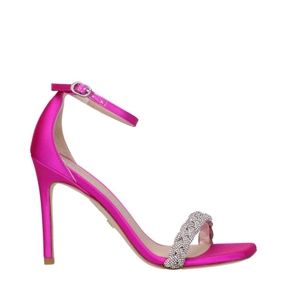Stuart Weitzman Pink Satin Stiletto Heel Sandals with rhinestone, open toe, and buckle closure, stylish high heel design.