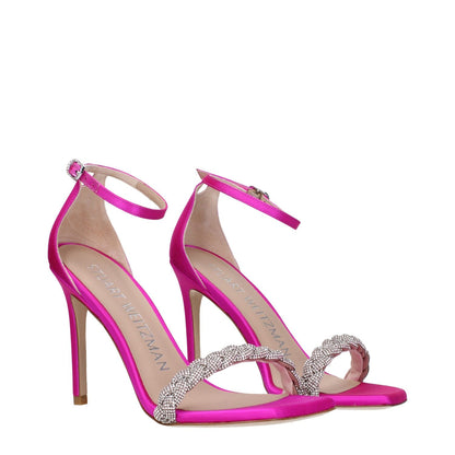 Stuart Weitzman Pink Satin Stiletto Heel Sandals with rhinestones, open toe, and buckle closure, stylish satin high heels in fuchsia.