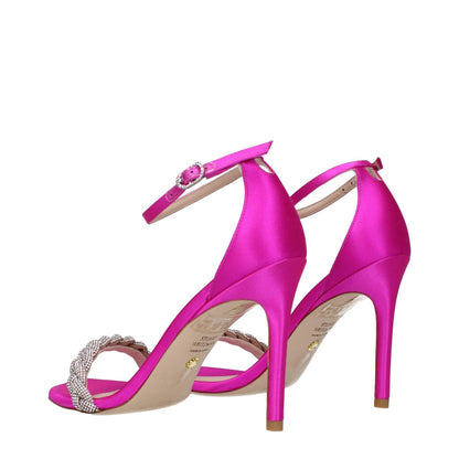 Alt Tag: Stuart Weitzman Pink Satin Stiletto Heel Sandals with rhinestones and buckle closure in fuchsia and flamingo colors.