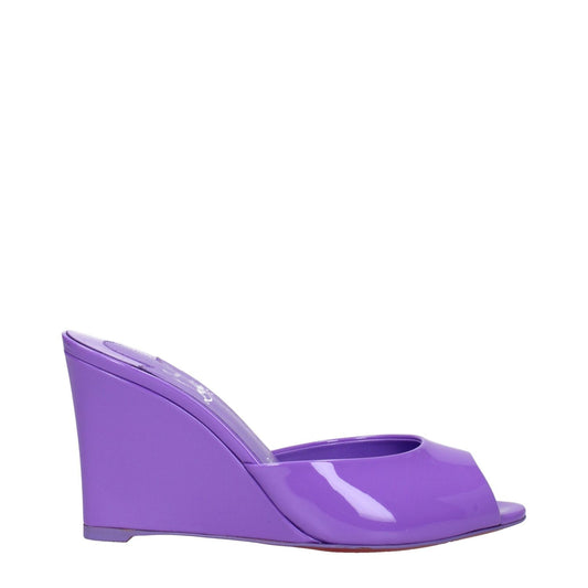 Christian Louboutin Purple Leather Wedge Sandals with open toe and 9.5 cm wedge, featuring patent leather design, side view.
