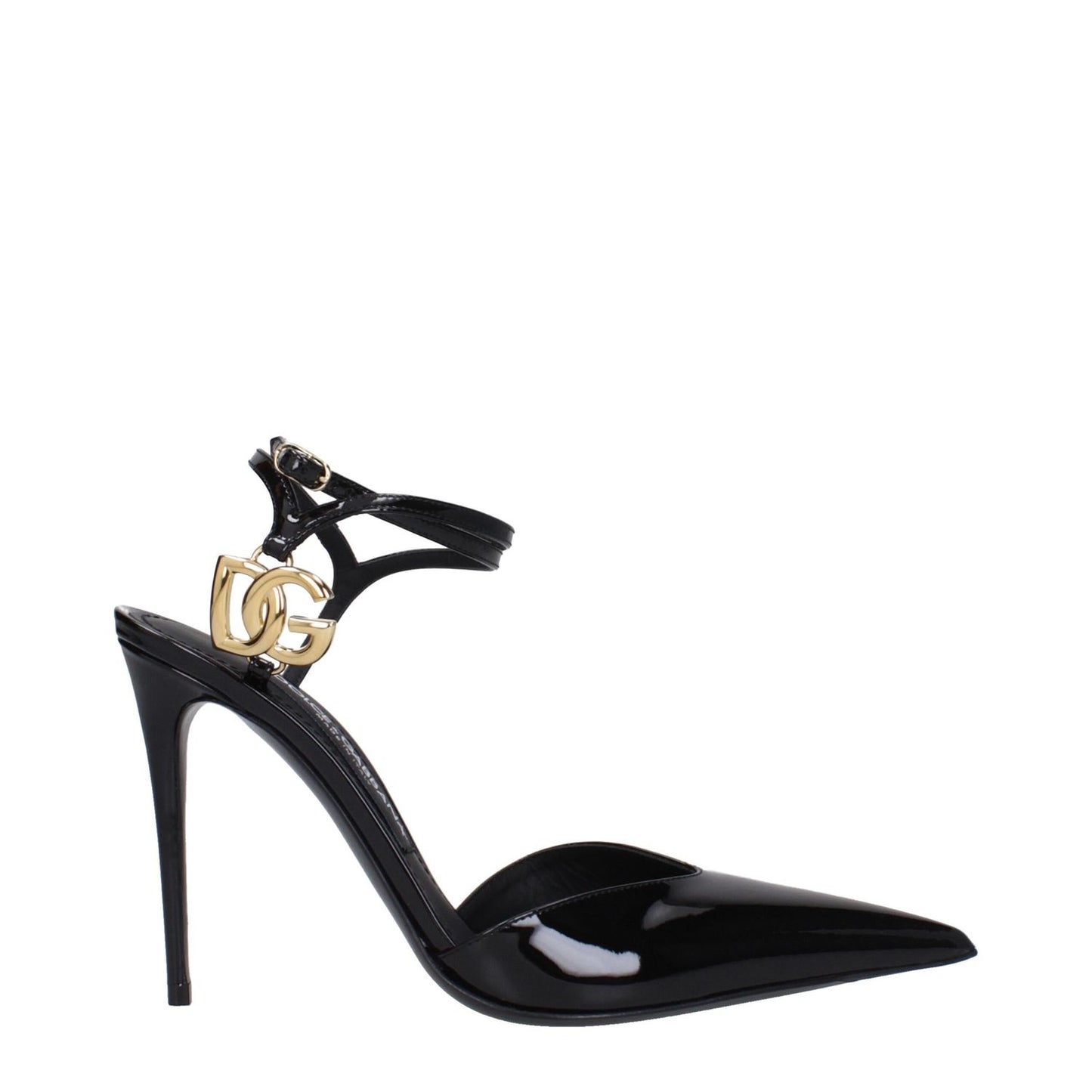 Dolce & Gabbana Black Leather Stiletto Heel Sandals with gold logo, pointy toe, high heel, and buckle closure.