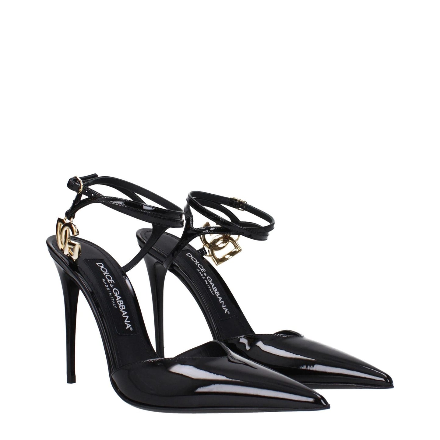 Dolce & Gabbana Black Leather Stiletto Heel Sandals, patent leather, gold side logo, buckle closure, pointy toe, 10.5 cm heel.