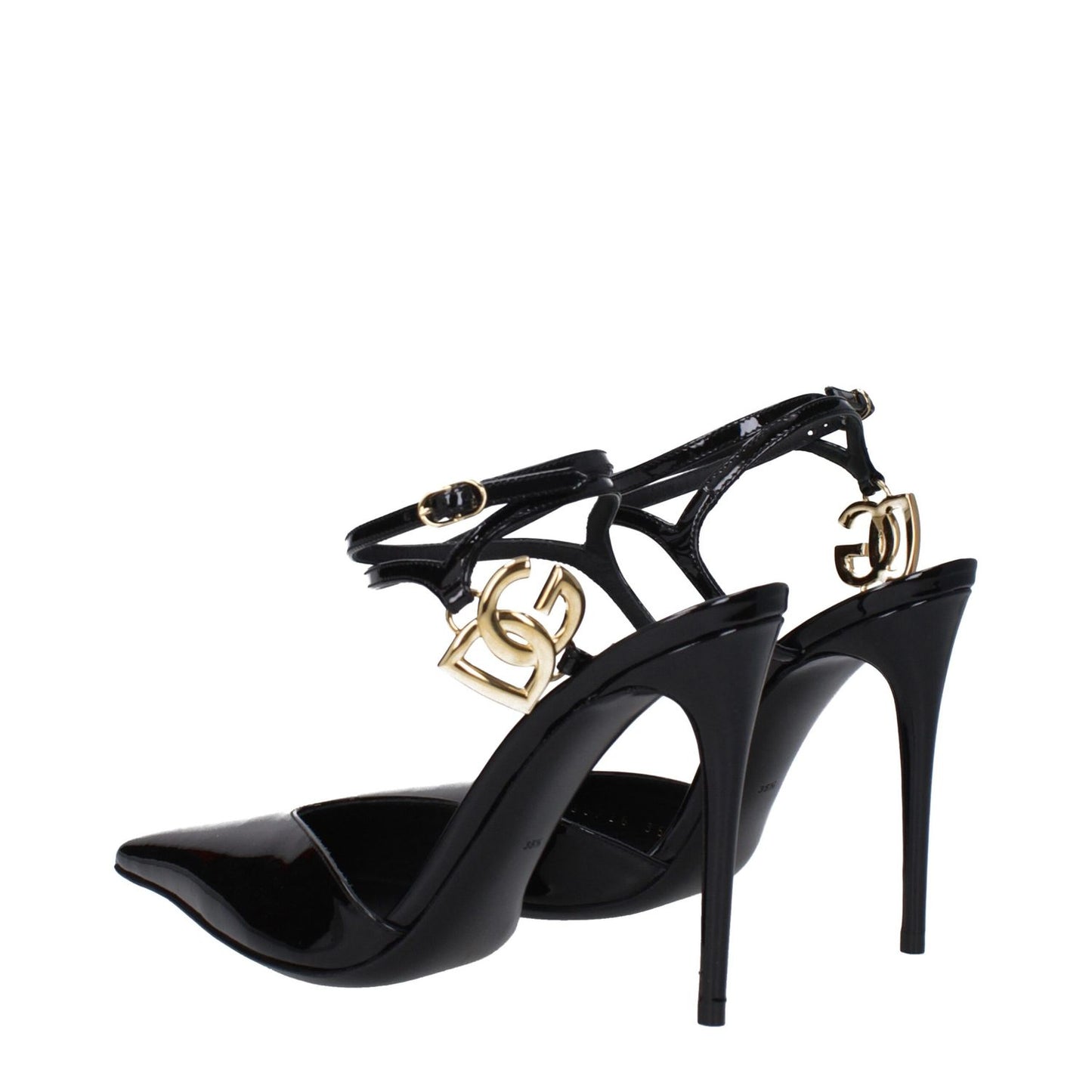 Dolce & Gabbana Black Leather Stiletto Heel Sandals with gold logo and buckle closure, pointy toe, 10.5 cm high heel.