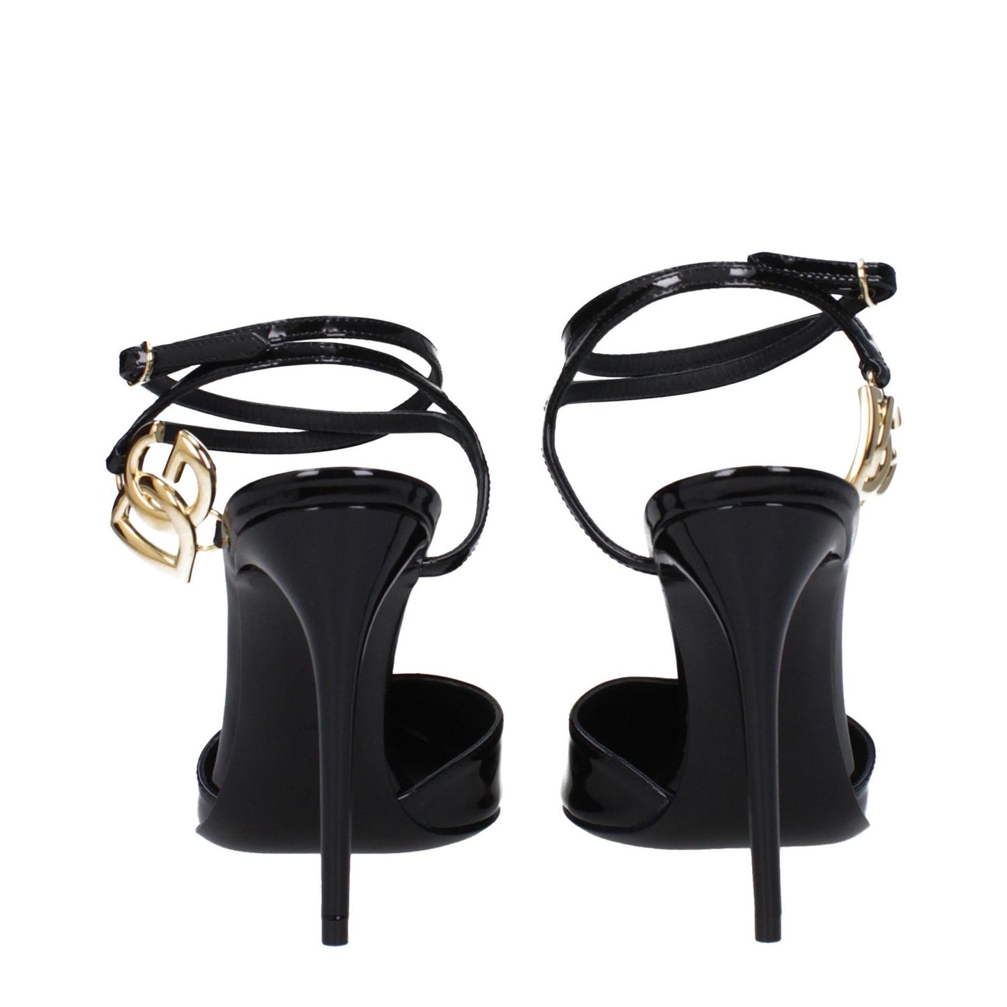 Dolce & Gabbana Black Leather Stiletto Heel Sandals with gold side logo and buckle closure, patent leather, high pointy heel, back view