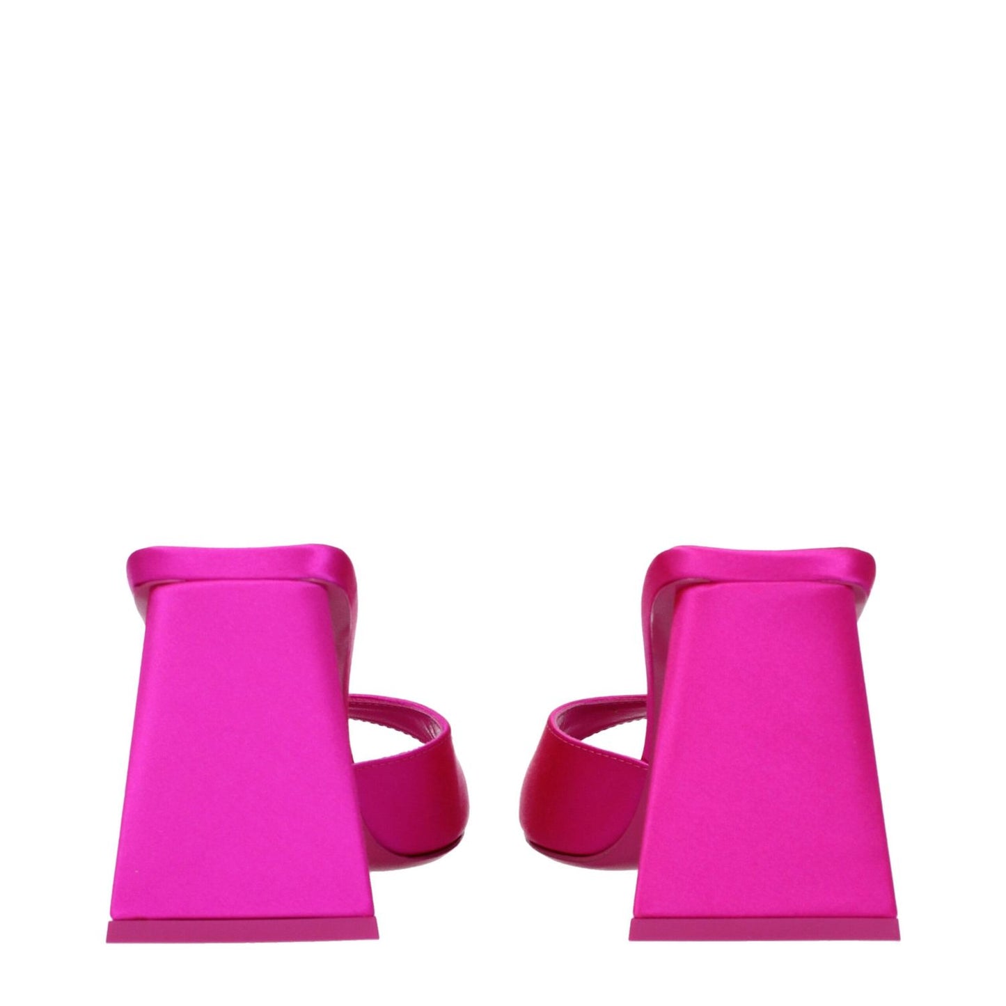 The Attico Pink Satin Stiletto Heel Sandals with open toe and mid heels, MPN S772V007008, stylish fuchsia satin shoes.