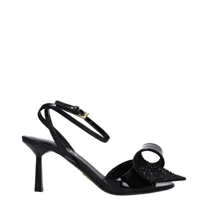 Alt Tag: Prada Black Leather Stiletto Heel Sandals with buckle closure and side detail, featuring open toe and mid heels, 7.5 cm height.
