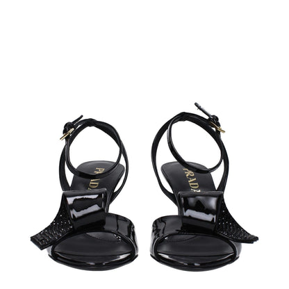 Prada Black Leather Stiletto Heel Sandals with buckle closure, open toe, and side detail, featuring a 7.5 cm mid heel.