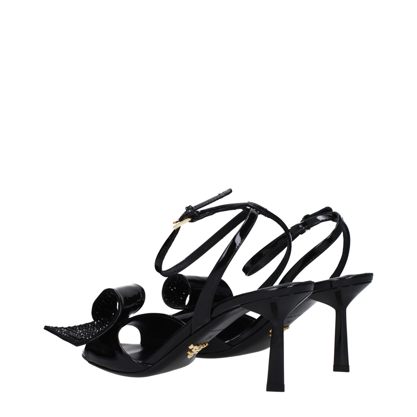 Prada Black Leather Stiletto Heel Sandals with buckle closure, open toe, side detail, and 7.5 cm mid heel, patent leather finish.