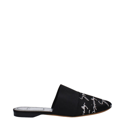 Givenchy Black Satin Slippers with logo and front detail, casual style, low flat heel, round toe, leather sole.