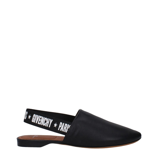 Givenchy Black Leather Slides with side logo, casual style, round toe, and flat heel, featuring black leather and white detailing.