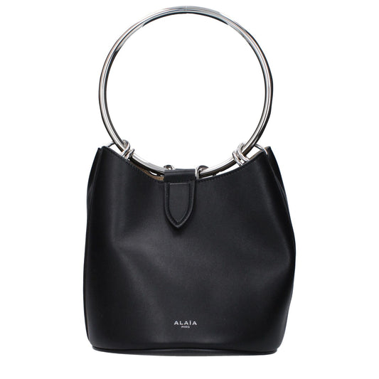 Alaïa Black Leather Handbag with logo, removable inner clutch, magnetic closure, distressed details, medium size, circular handle.