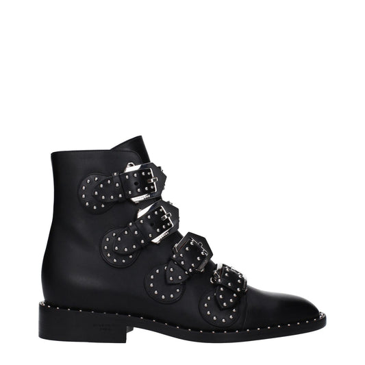 Givenchy Black Leather Ankle Boots with studded buckle closure, casual style, round toe, and low flat heel.