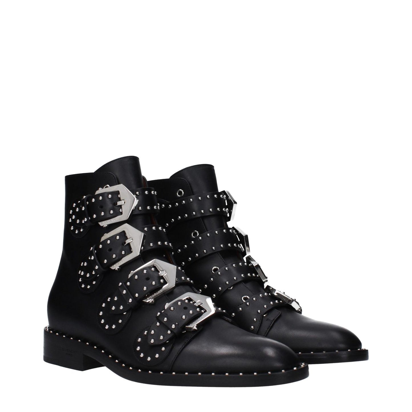 Givenchy Black Leather Ankle Boots with studs and buckle closure, low flat heel, round toe, leather sole.