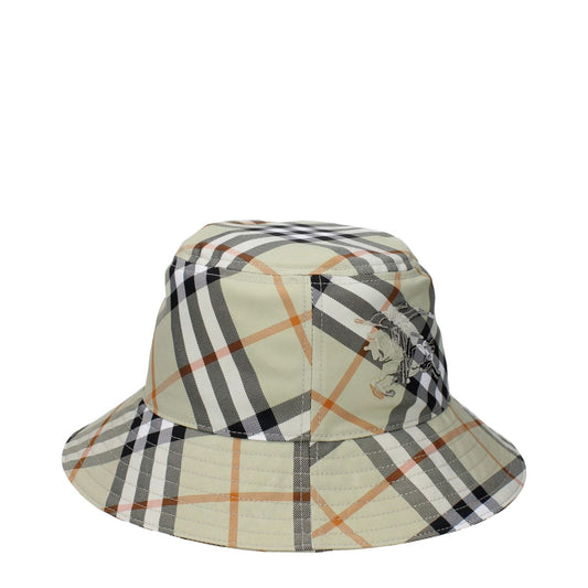 Stylish Burberry Green Fabric Bucket Hat with back logo, featuring check print design, made of 100% polyester in sage and green colors.