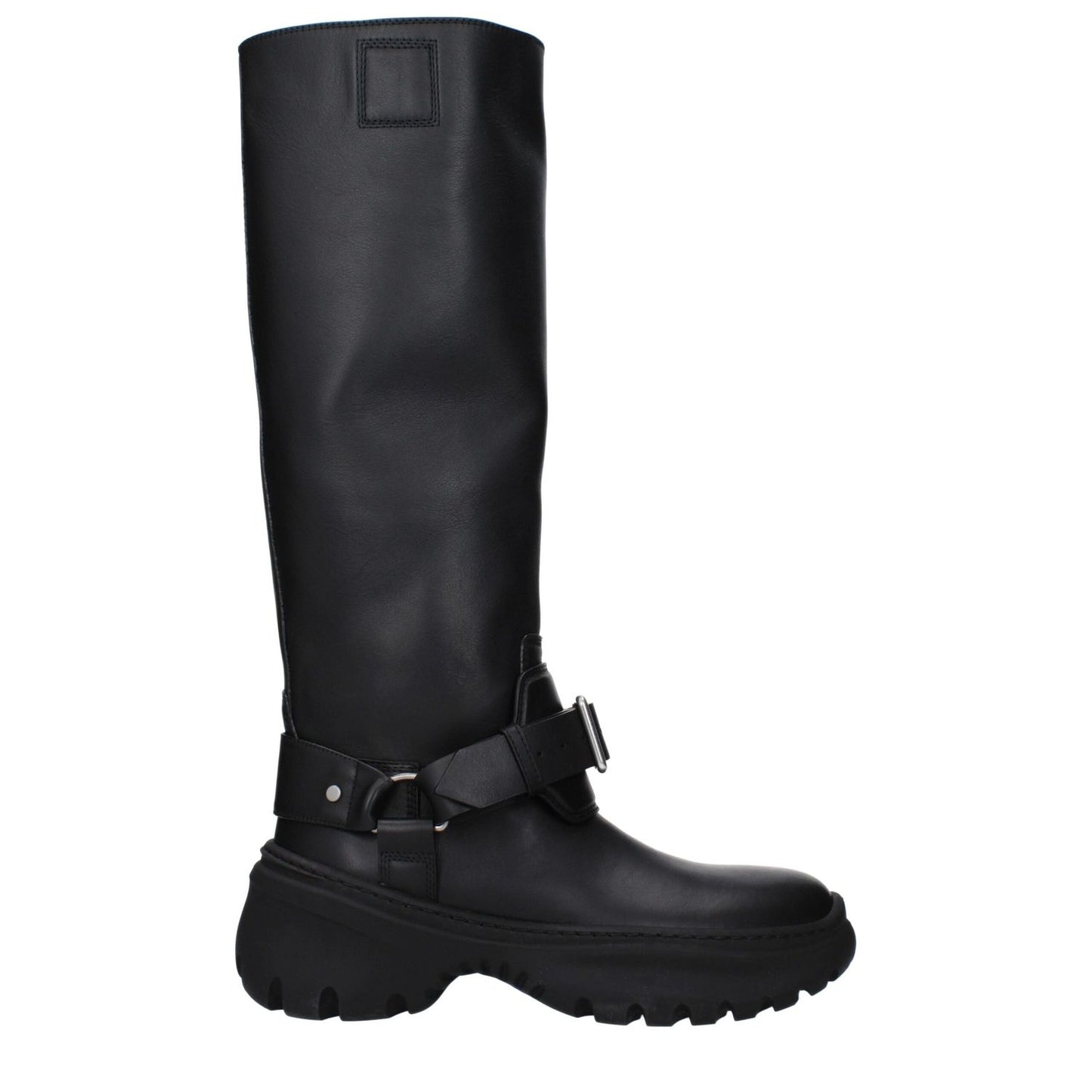 Burberry Black Leather Boots with silver and vintage detailing, casual style, mid heels, round toe, and rubber sole.