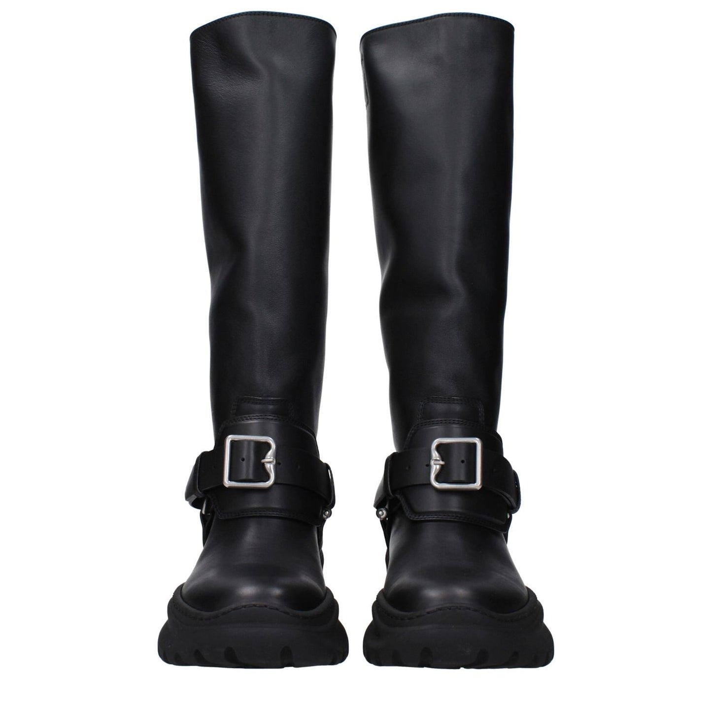 Burberry Black Leather Boots with silver details, vintage effect, round toe, mid heels, and rubber sole. MPN 8096904.