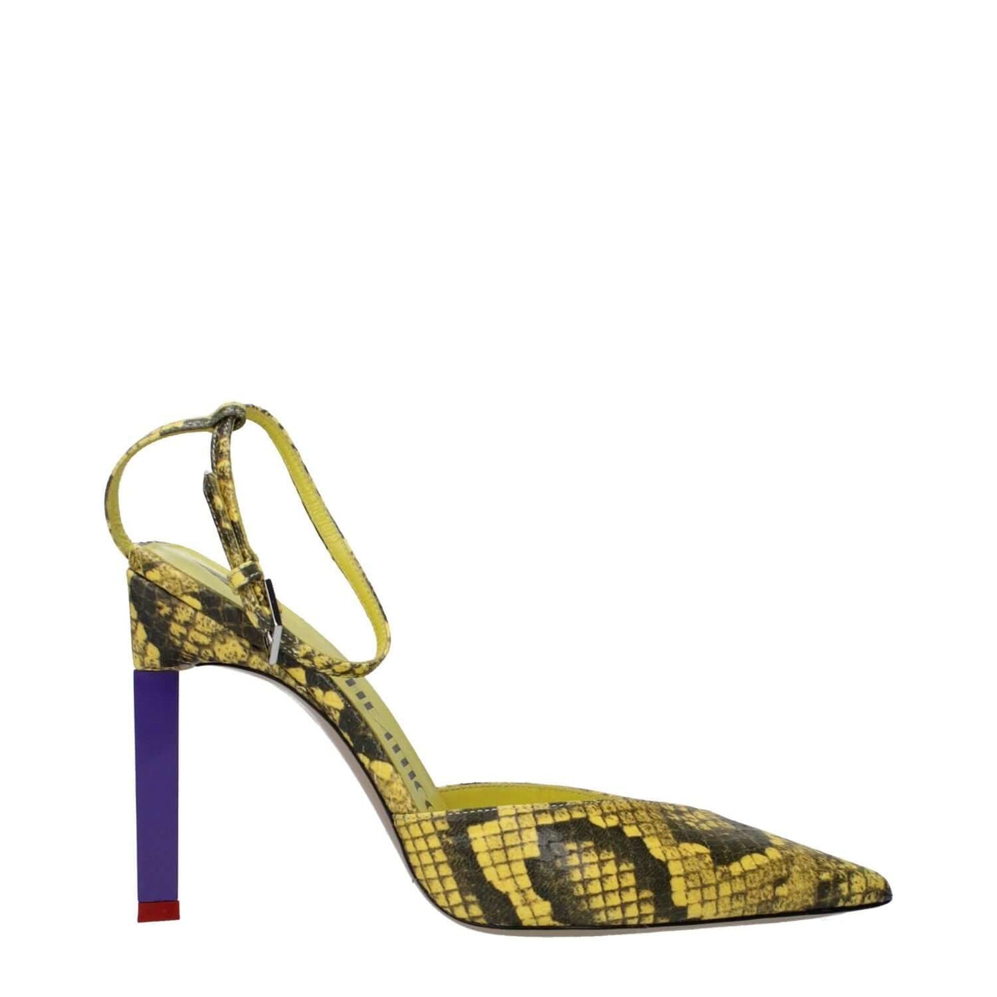 The Attico Yellow Leather Pumps with snake print, high heel, buckle closure, 10.5 cm heel, pointy toe, and leather sole.