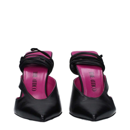 The Attico Black Leather Stiletto Heel Sandals with lace-up closure and pointy toe, featuring high heel design. MPN: S318L001100.