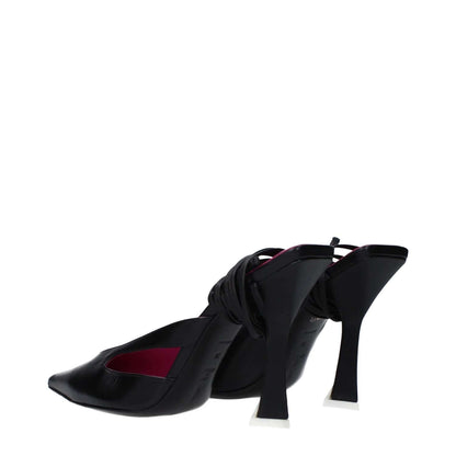 The Attico Black Leather Stiletto Heel Sandals with pointy toe and lace up closure, showcasing elegant 10.5 cm high stiletto heels.