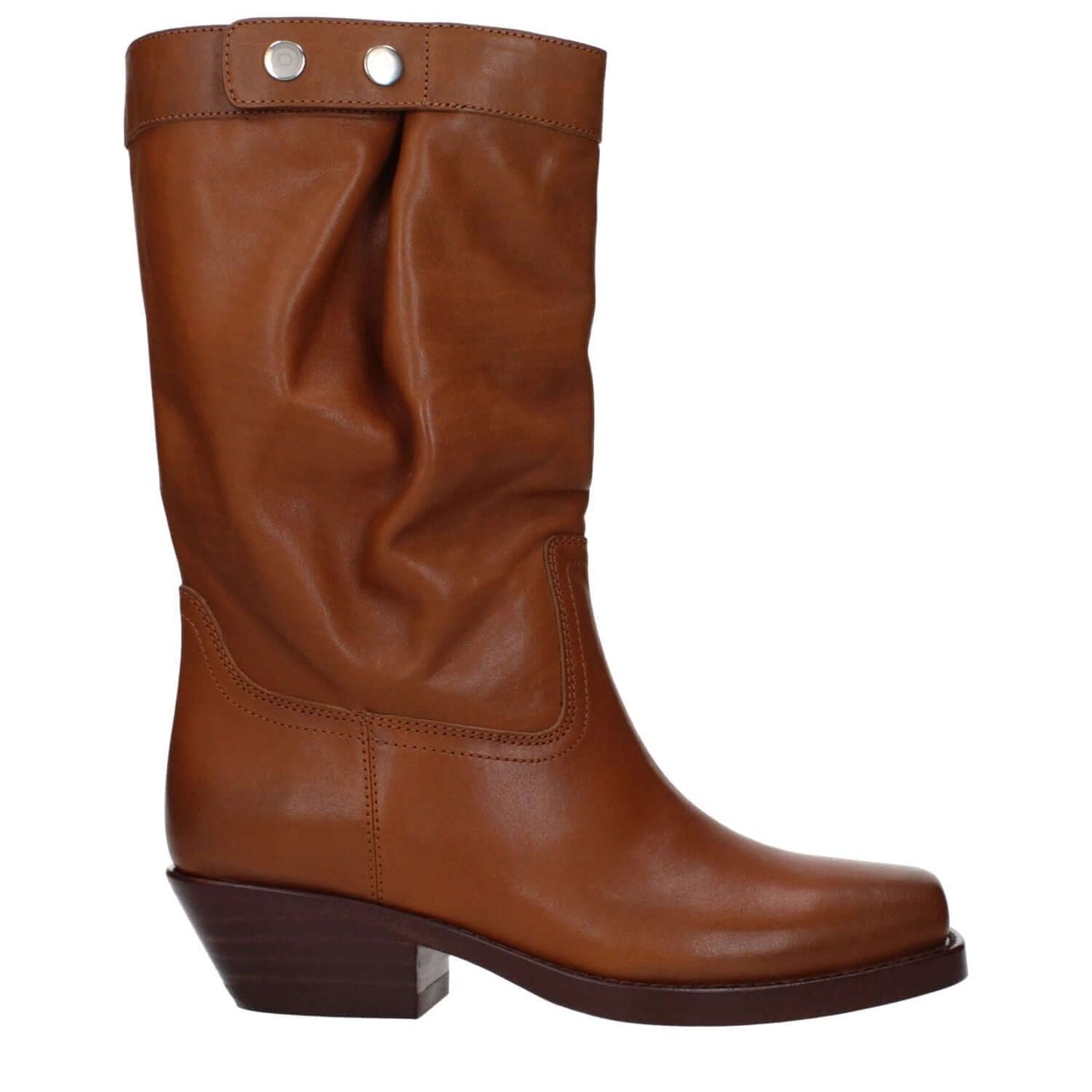 Isabel Marant Brown Leather Ankle Boots with vintage effect and square toe, featuring a button closure and 4 cm mid heel.