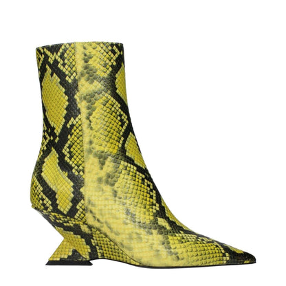 The Attico Yellow Leather Ankle Boots with snake print, zip closure, pointy toe, mid heel, perfect for ethnic style fashion.