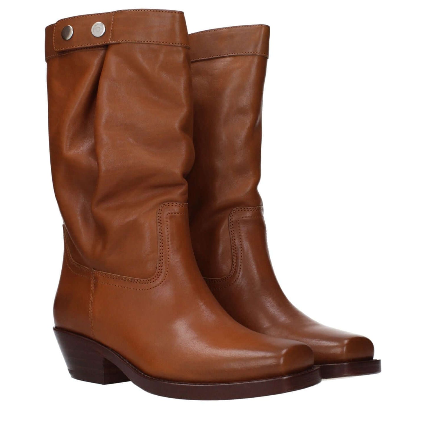 Isabel Marant Brown Leather Ankle Boots with vintage effect, mid heels, square toe, and button closure.