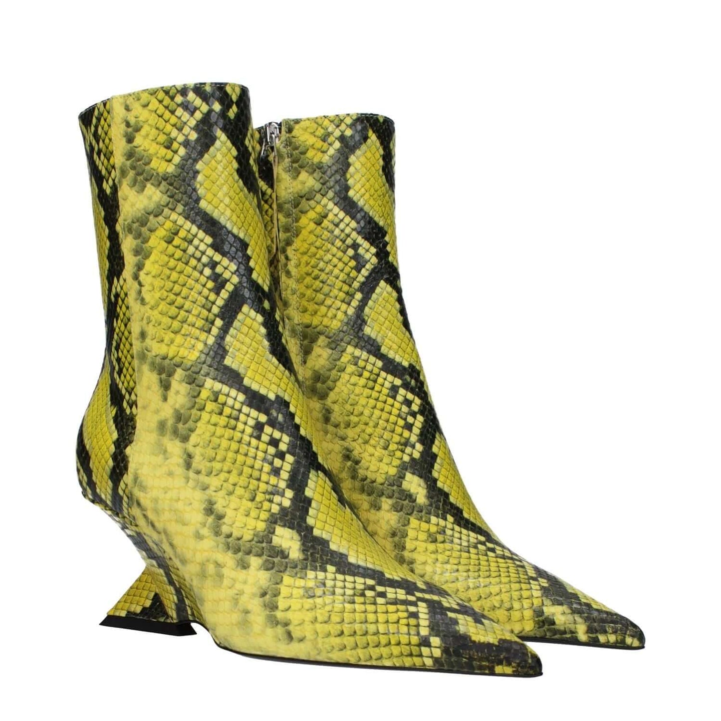 The Attico Yellow Leather Ankle Boots with snake print, mid heels, and zip closure, featuring a pointy toe design.
